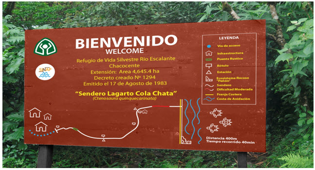 Propuesta de r&oacute;tulo interpretativo para el sendero Lagarto Cola Chata,
2018.