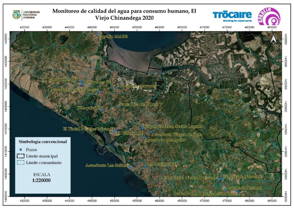 Mapa de ubicaci&oacute;n de fuentes de agua evaluadas en el municipio El Viejo,
Chinandega, Nicaragua.