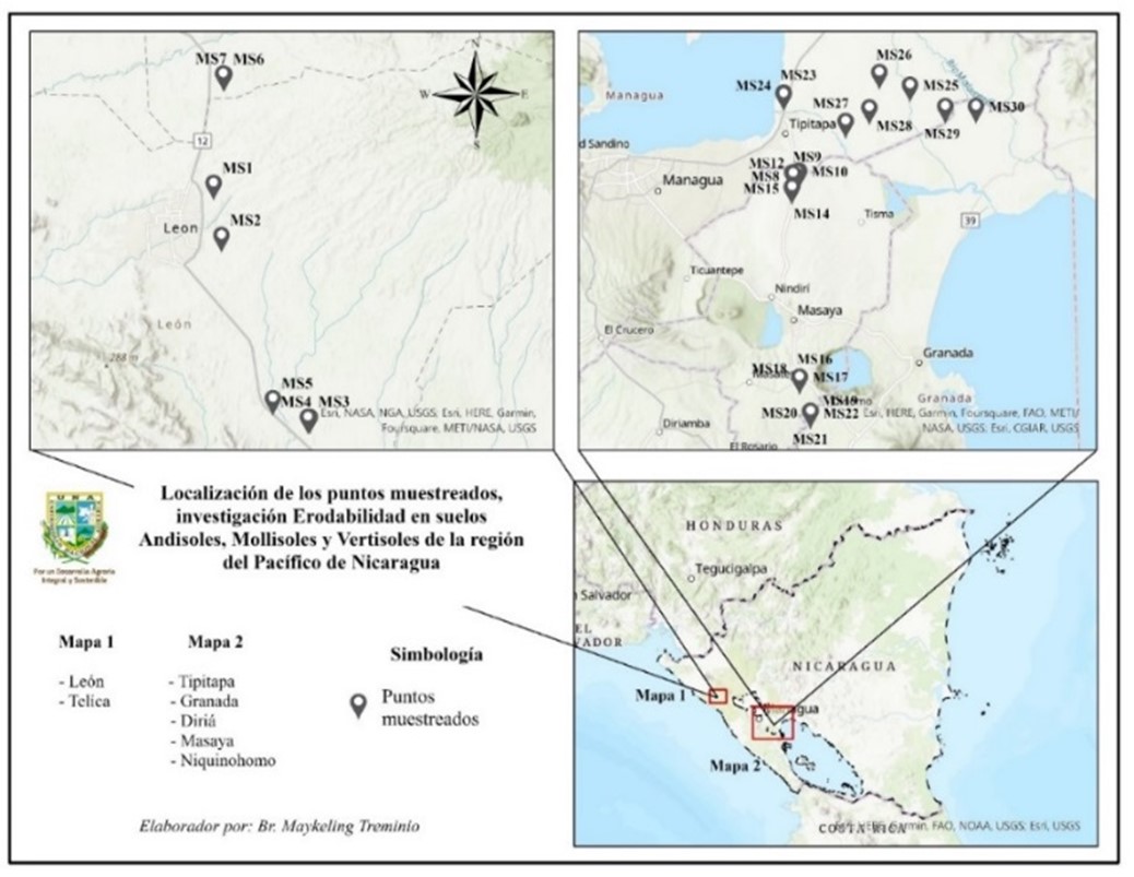 Localización de los puntos muestreados en los
municipios de Telica, León,  

Tipitapa, Granada, Diriá,
Masaya y Niquinohomo, Nicaragua, 2022. 

 