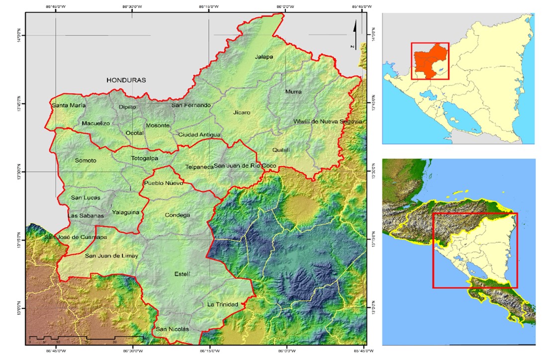 Mapa de ubicación de los 27 municipios distribuidos en los
departamentos de Estelí, Madriz  

y Nueva Segovia. Fuente: Mendoza (2020)1