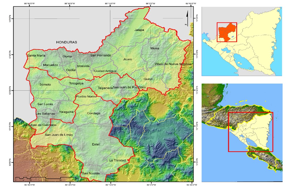 Mapa de ubicaci&oacute;n de los 27 municipios distribuidos en los
departamentos de Estel&iacute;, Madriz  

y Nueva Segovia. Fuente: Mendoza (2020)1