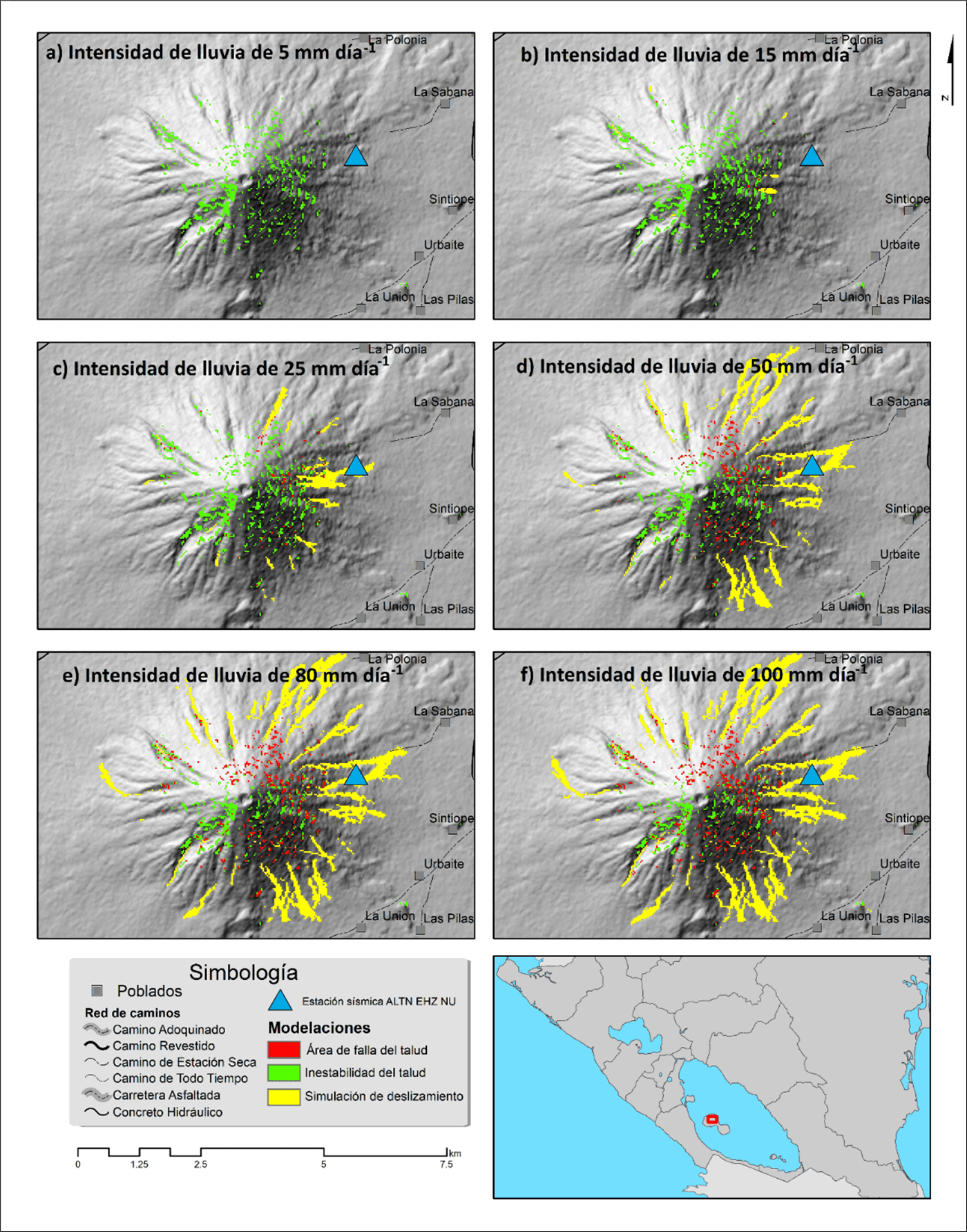 Modelaciones
de lahares para diferentes intensidades de lluvia con el programa
LandslideSim2016&reg;.