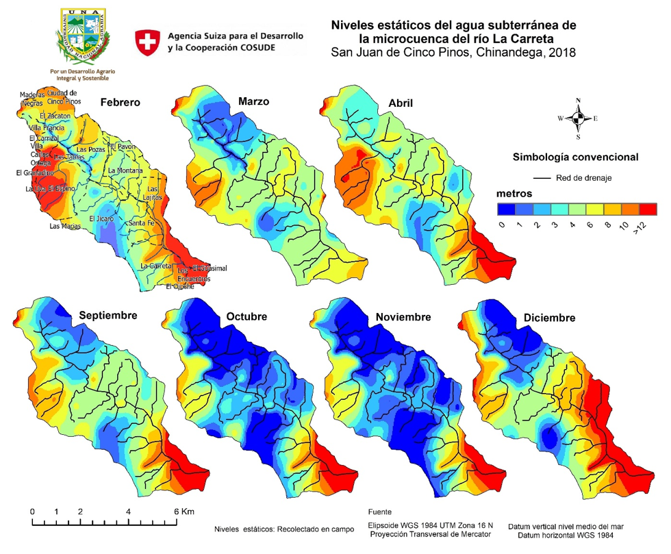 Niveles
estáticos en la microcuenca del río La Carreta, municipio de San Juan de Cinco
Pinos, Chinandega, 2018.