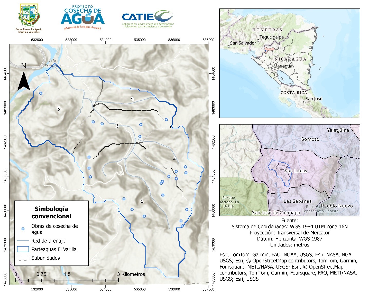 Ubicación geográfica de la microcuenca El Varillal y obras de cosecha de agua, San Lucas, Madriz,
2021.