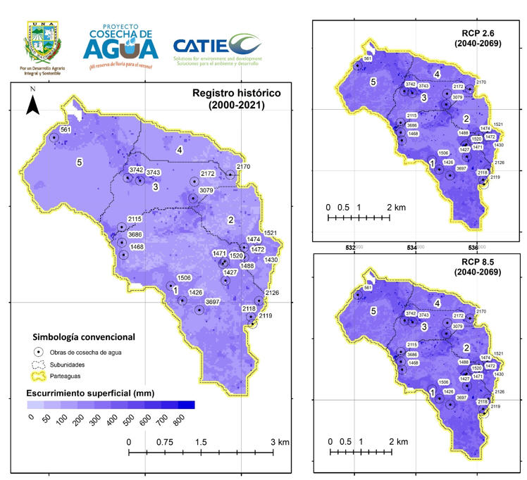 Escurrimiento
superficial seg&uacute;n escenario clim&aacute;tico (hist&oacute;rico y sendas representativas de concentraci&oacute;n
2.6 y 8.5) en la microcuenca El Varillal, San Lucas,
Madriz.