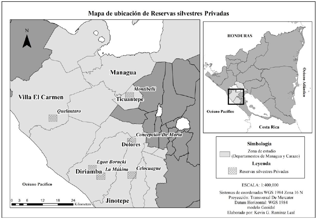 Ubicación de las Reservas Silvestres Privadas en Managua y Carazo, Nicaragua.