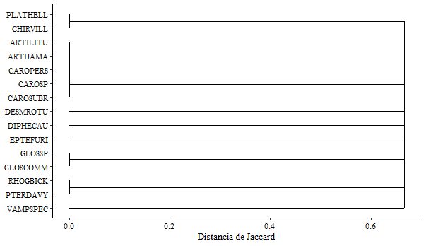 Análisis de conglomerado utilizando encadenamiento simple y la distancia de Jaccard, en donde se agrupan las especies en base al gremio alimenticio y la preferencia de hábitats. La clave de los códigos de las especies es la siguientes: ARTIJAMA = Artibeus jamaicensis; CAROPERS = Carollia perspicillata; CAROSP = Carollia sp; CAROSUBR = Carollia subrufa; GLOSCOMM = Glossophaga commissarisi; GLOSSP = Glossophaga sp; ARTILITU = Artibeus lituratus; CHIRVILL = Chiroderma villosum; PLATHELL = Platyrrhinus helleri; DESMROTU = Desmodus rotundus; DIPHECAU = Diphylla ecaudata; EPTEFURI = Eptesicus furinalis; PTERDAVY = Pteronotus davyi; VAMPSPEC = Vampyrum spectrum; RHOGBICK = Rhogeessa bickhami.
