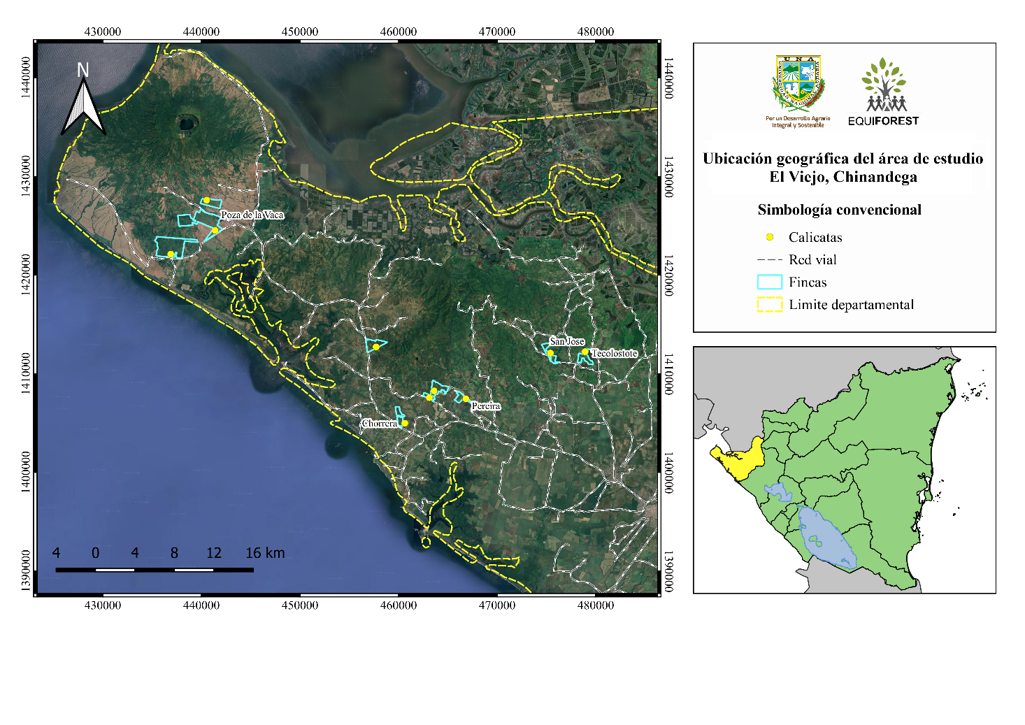 Ubicación del área de estudio, fincas localizadas en el municipio de El Viejo, Chinandega.
