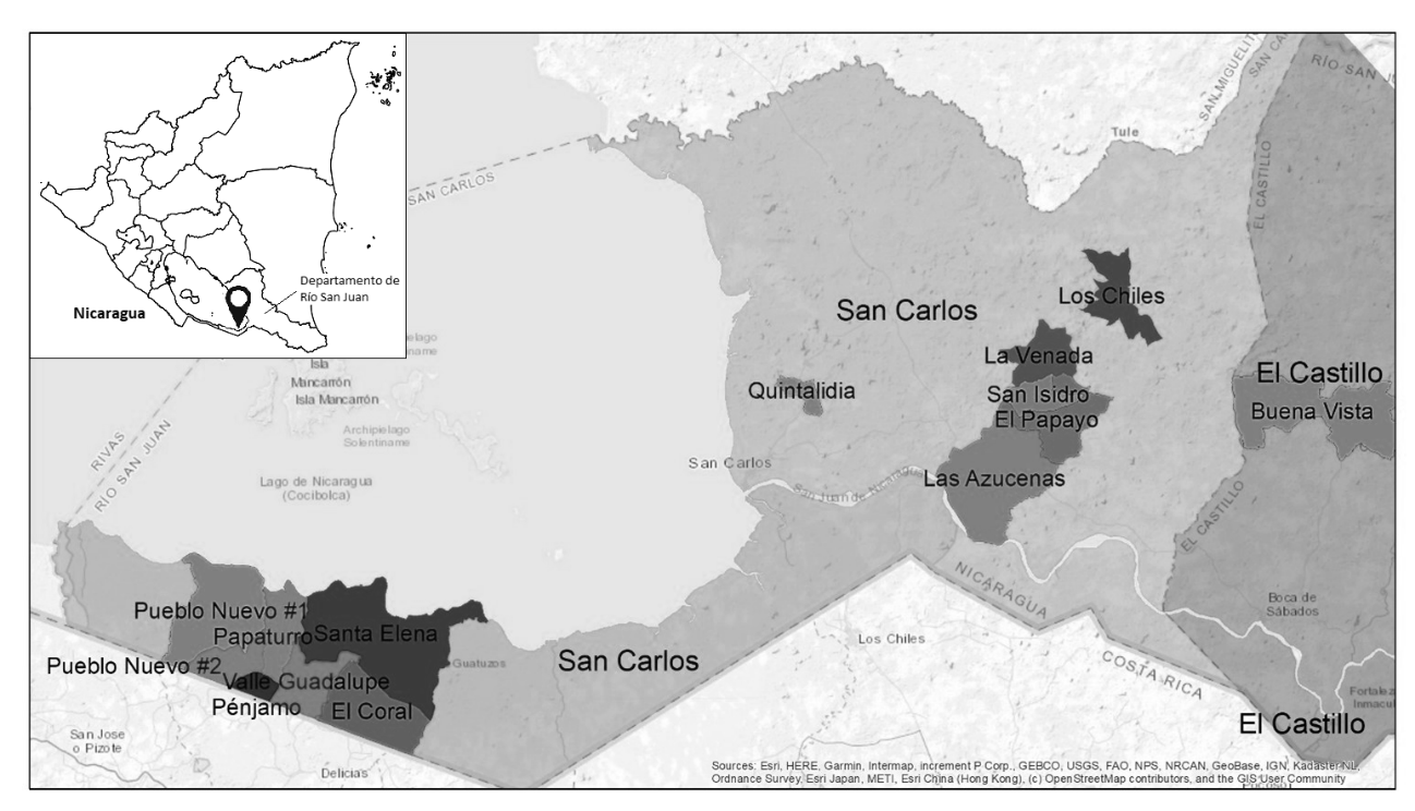Ubicación del área de estudio en las comunidades Papaturro, El Coral, Santa Elena y Las Azucenas, al suroeste del departamento de Río San Juan, Nicaragua