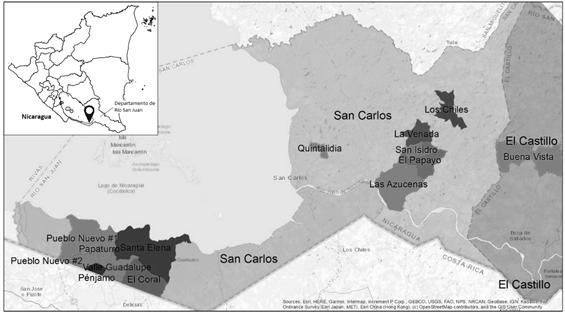 Ubicación del área de estudio, comunidades El Coral, Papaturro, Santa Elena y Las Azucenas, al suroeste del departamento de Río San Juan, Nicaragua.